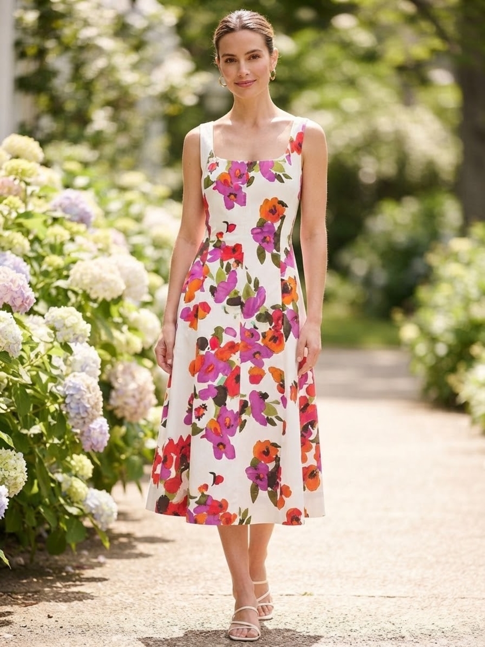 Jones New York White Midi Dress with Pink & Orange Floral Print Size 14